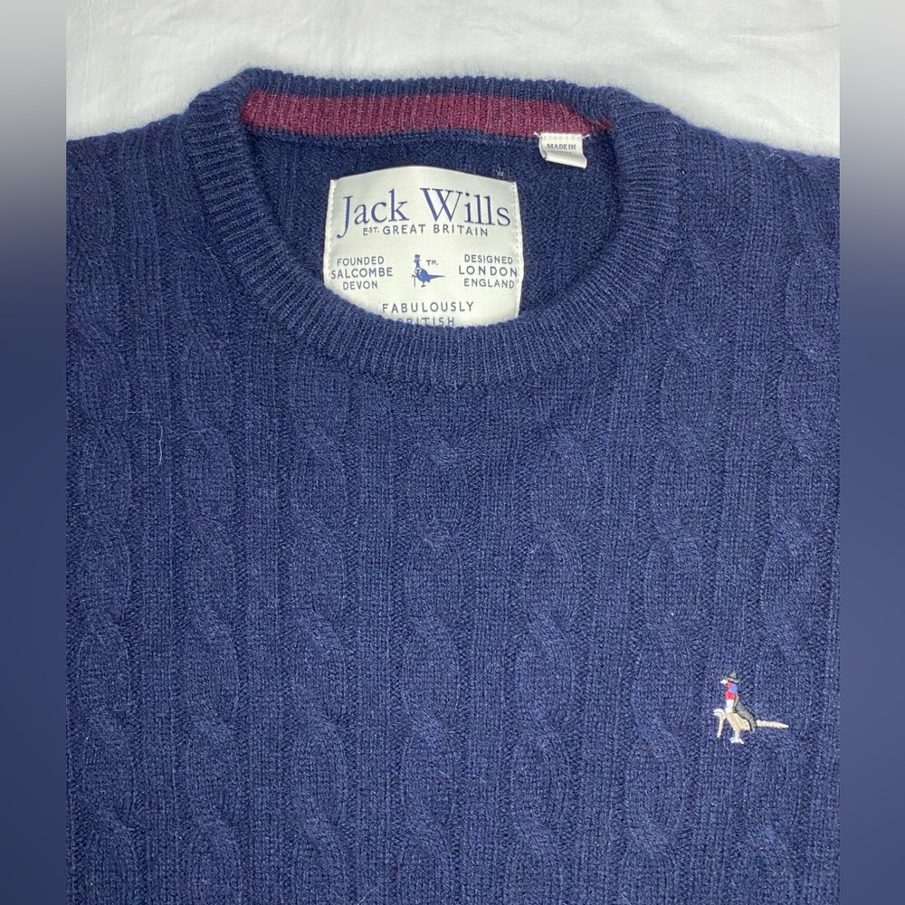 JACK WILLS Jumper Large Navy Mens Round Neck 100% Merino Wool Cable Knit Logo